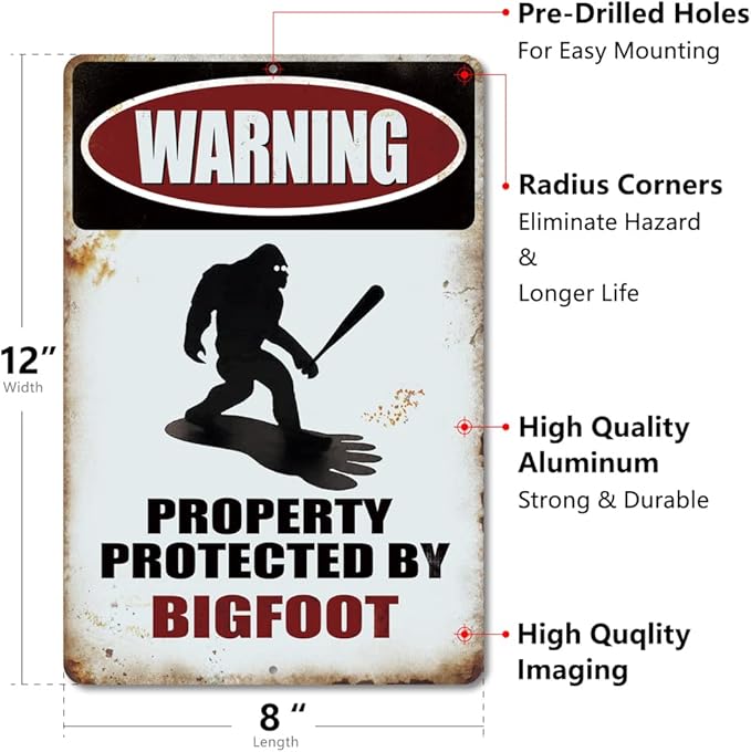 Funny Sasquatch Gift Metal Sign Warning Property Protected by Bigfoot - Funny Metal Decor Sign