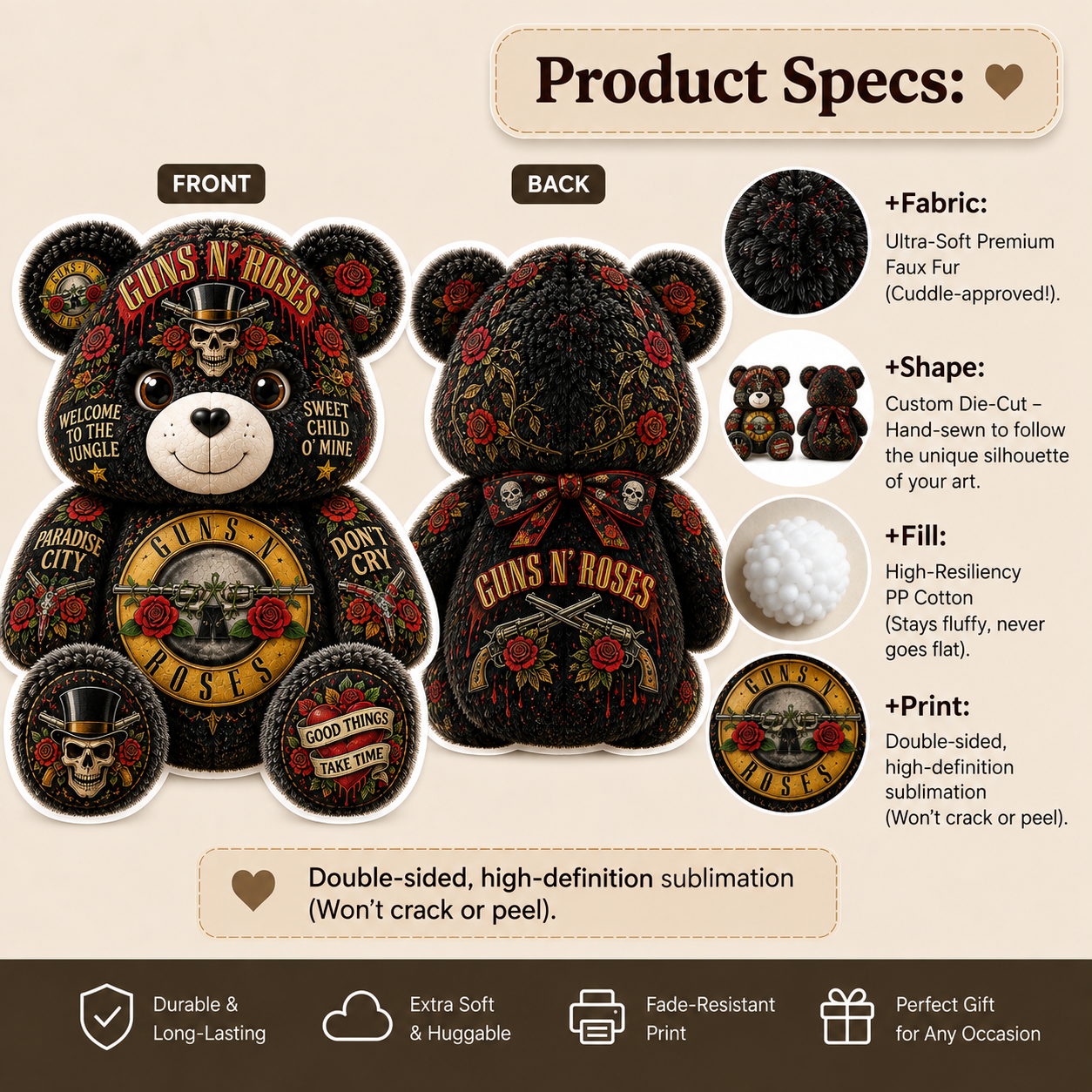 Guns N’ Roses Bear Custom Shaped Pillow – Appetite for Destruction Classic Rock Band Fan Gift