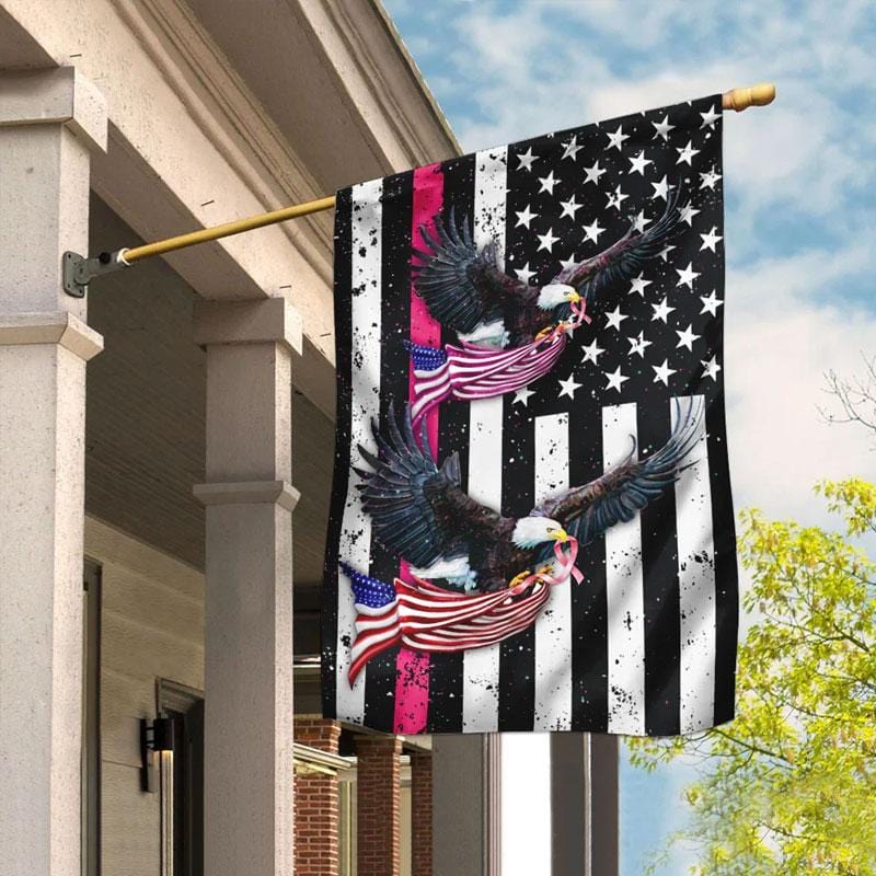 Pink Ribbon Line Eagle American Flag - Breast Cancer Awareness House Flag