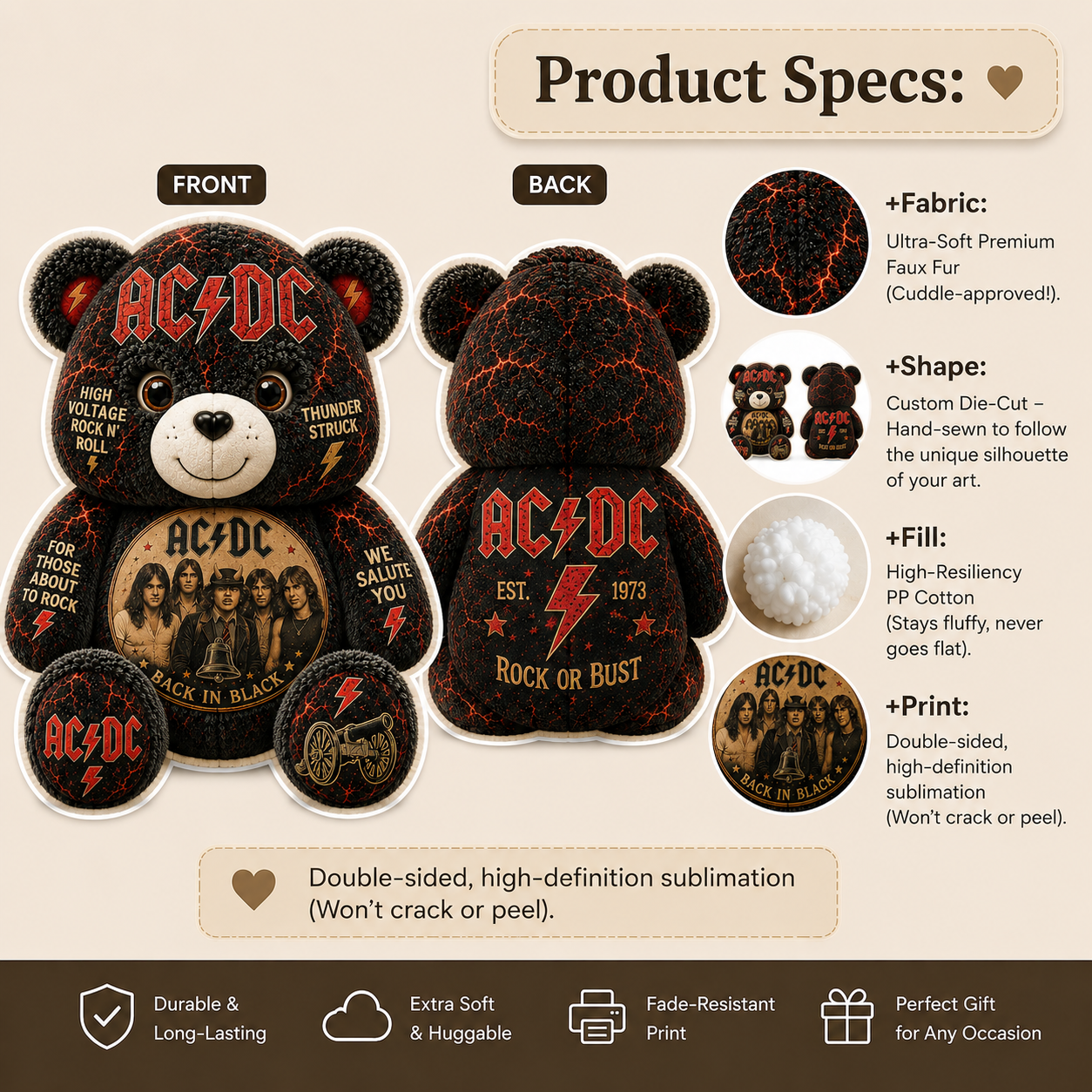ACDC Bear Custom Shaped Pillow – Rock Music Legend Gift