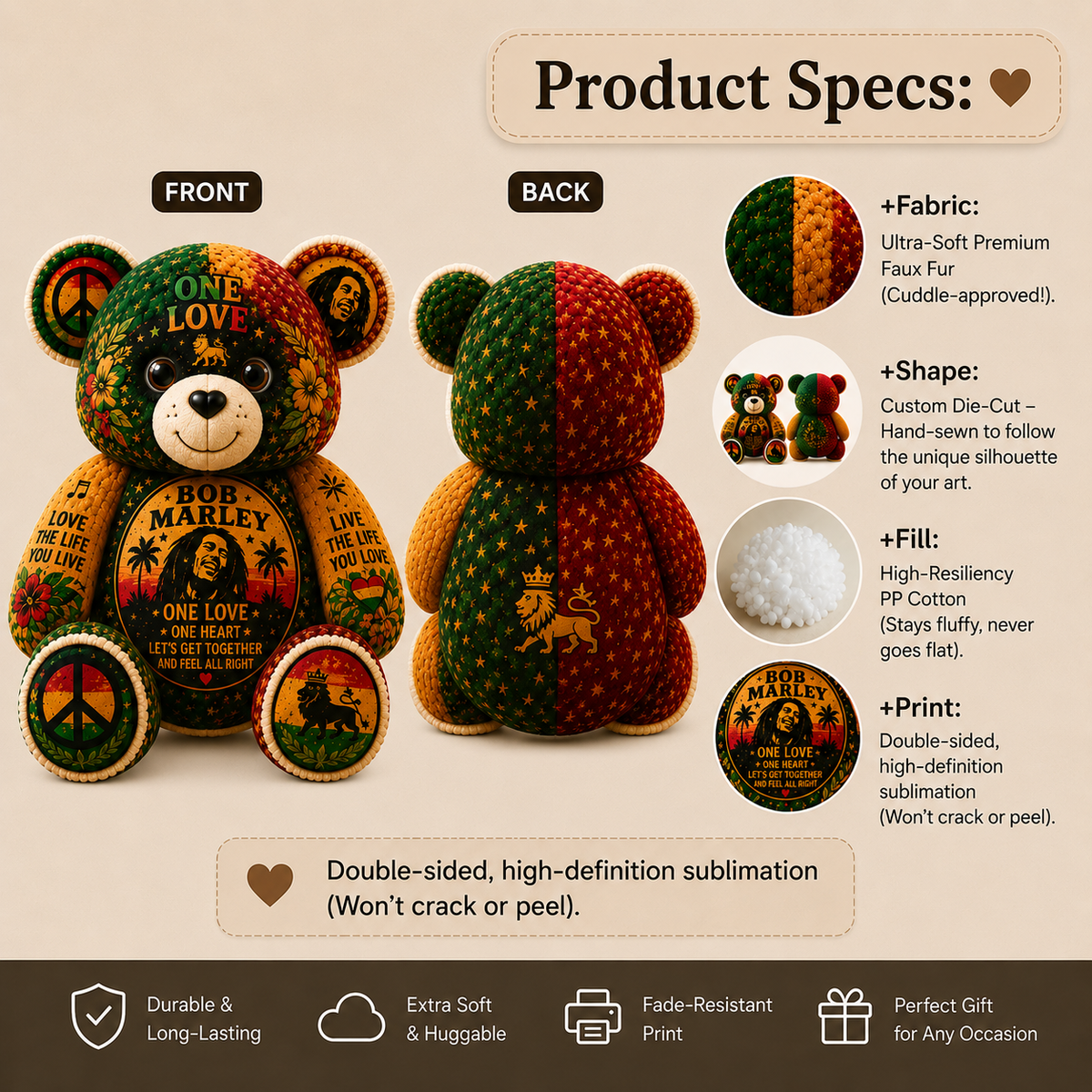Bob Marley Bear Custom Shaped Pillow – Gift for Classic Music Lover