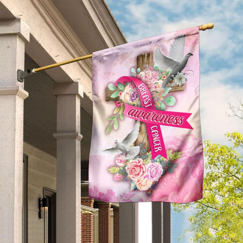 Pink Ribbon Flower Cross - Breast Cancer Awareness House Flag