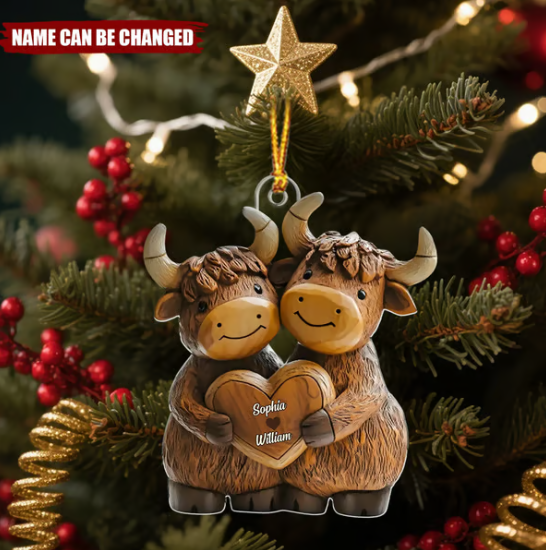 Highland Cow Couple - Personalized Christmas Acrylic Ornament