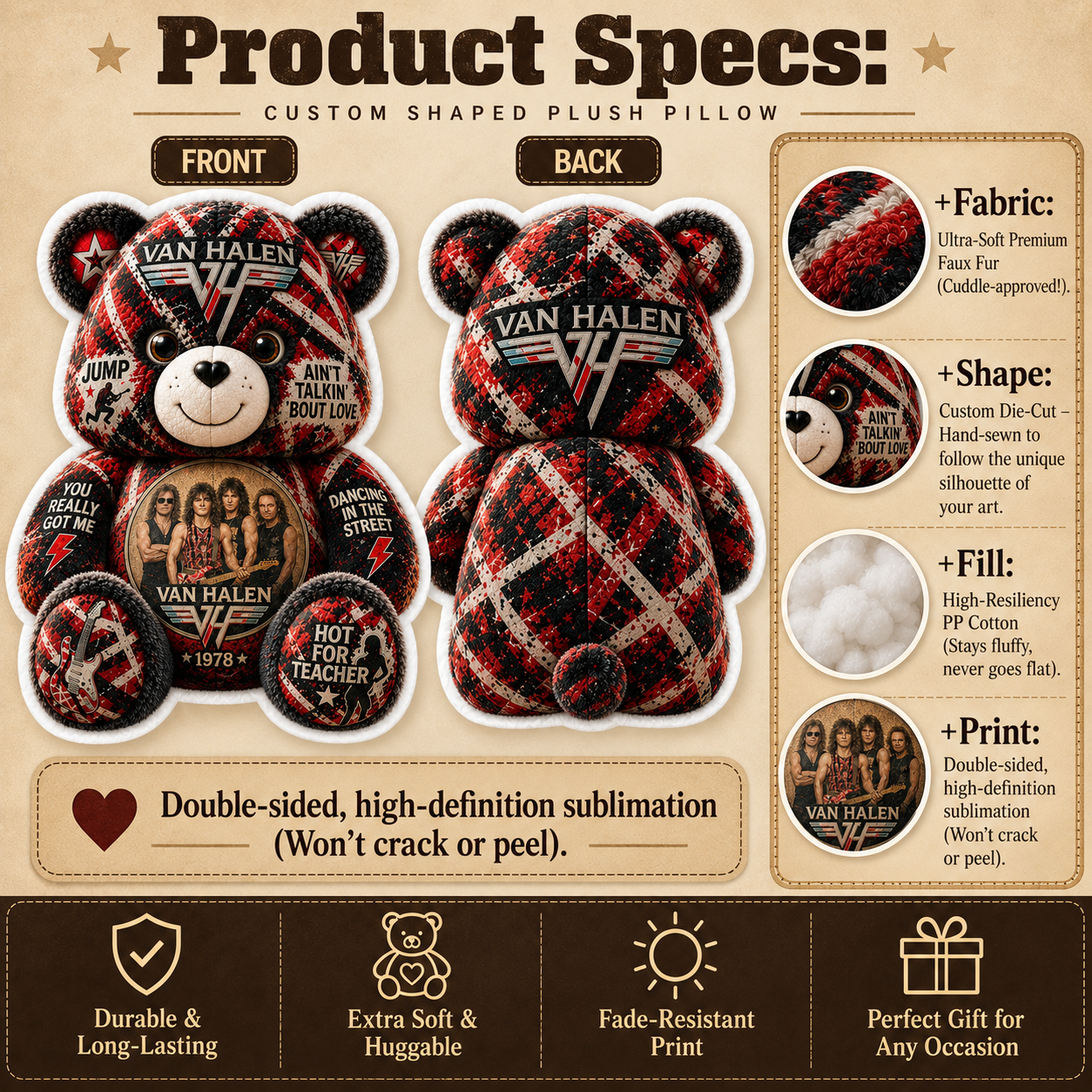 Van Halen Bear Custom Shaped Pillow – Classic Rock Band , Rock Music Fan Gift