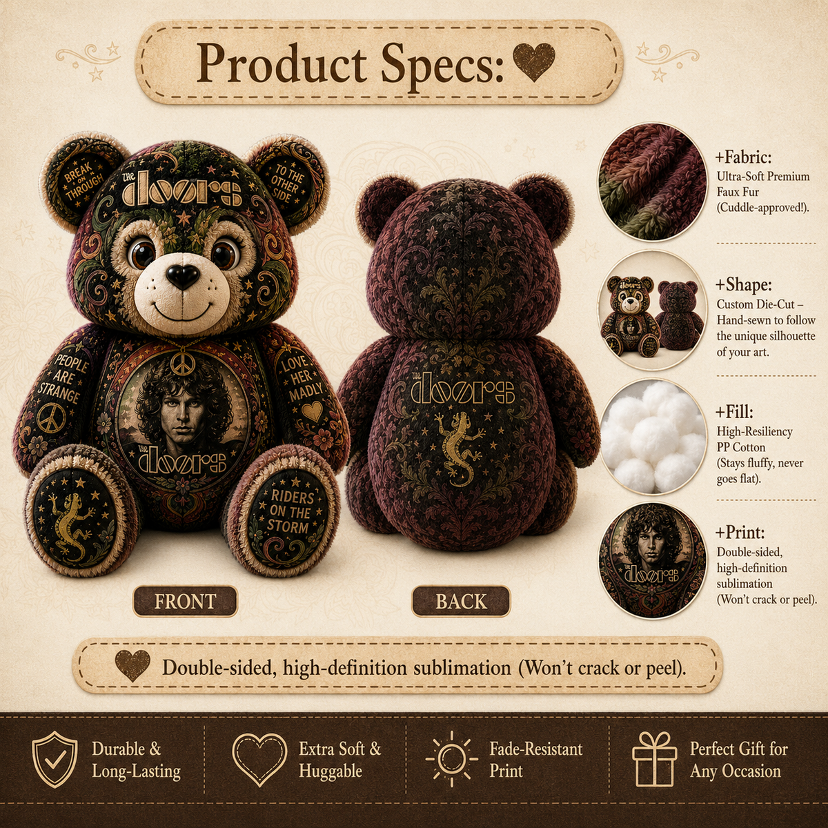 The Doors Bear Custom Shaped Pillow – Rock Music Legend Gift