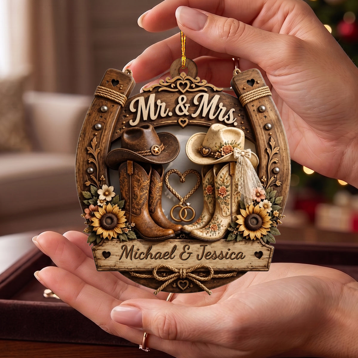 Personalized Rustic Horseshoe & Cowboy Boots Wedding Wooden Ornament
