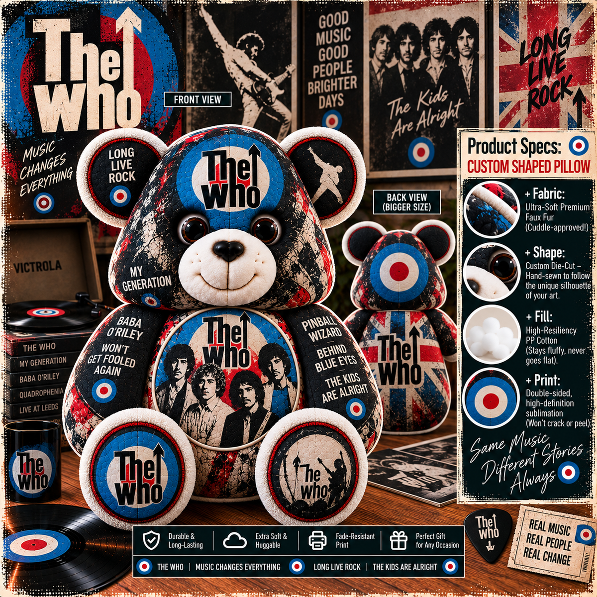 The Who Custom Shaped Bear Pillow – Classic Rock Music Inspired Gift for Fans 3