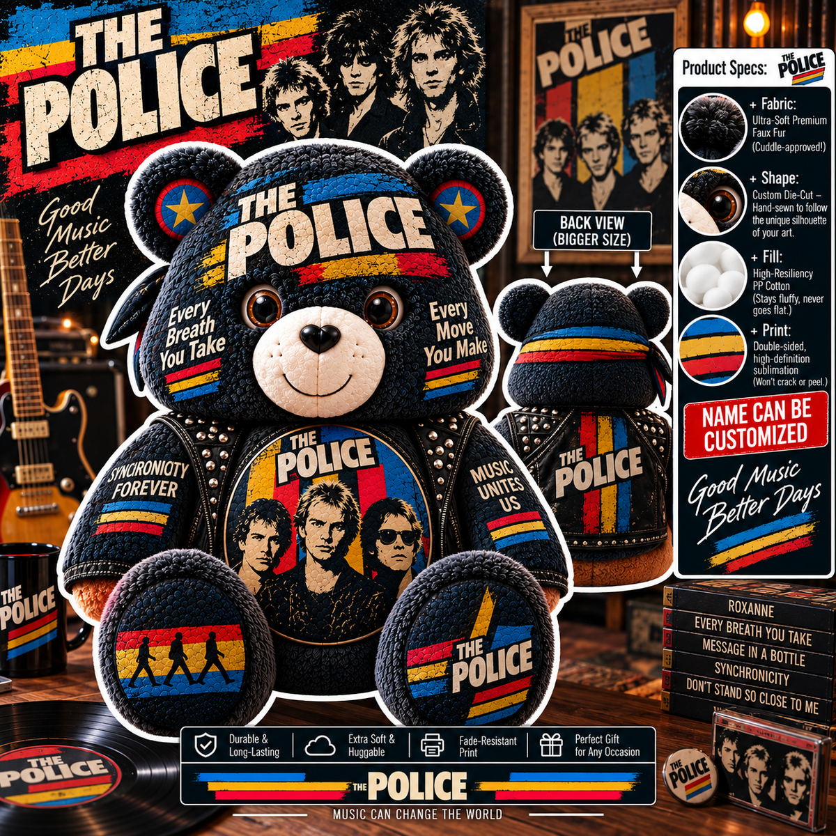 The Police Custom Shaped Bear Pillow – Every Breath You Take Classic Rock Inspired Gift for The Police Fans