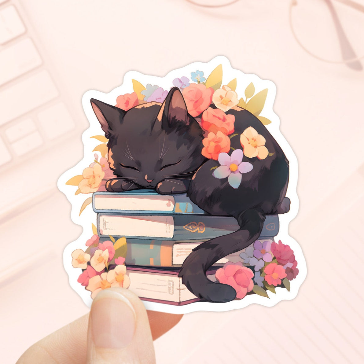 Black Cat Sleeping on Books Sticker Decal