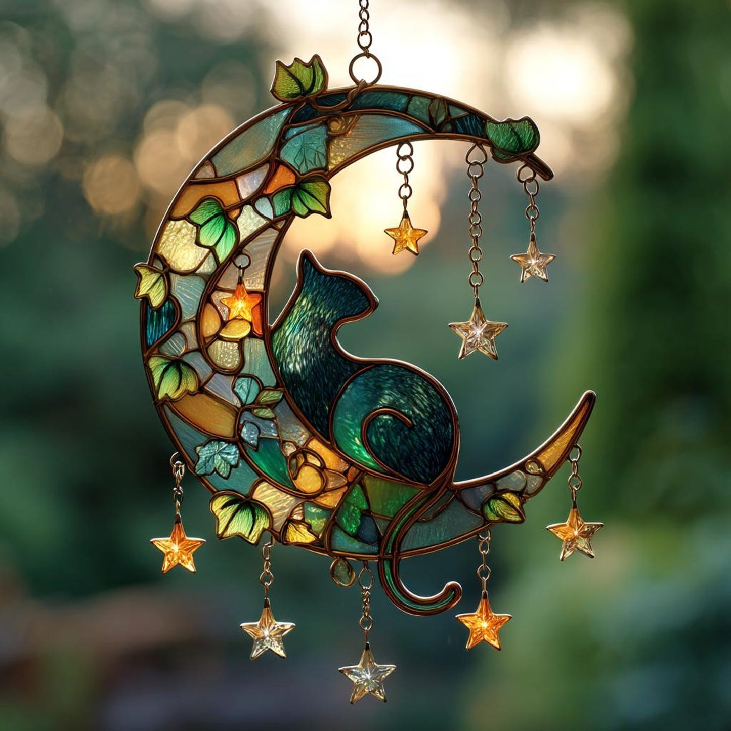 Cat on Crescent Moon Faux Stained Glass Suncatcher
