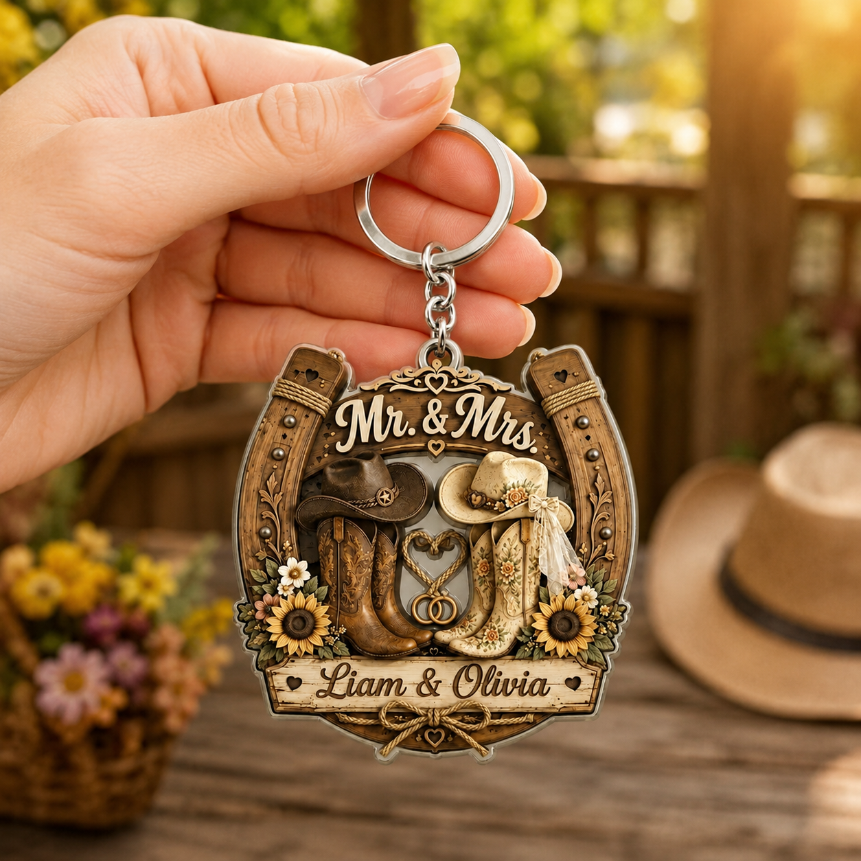 Personalized Cowboy & Cowgirl Boots Keychain - Custom Western Mr & Mrs Horseshoe Acrylic Keyring Gift for Couples
