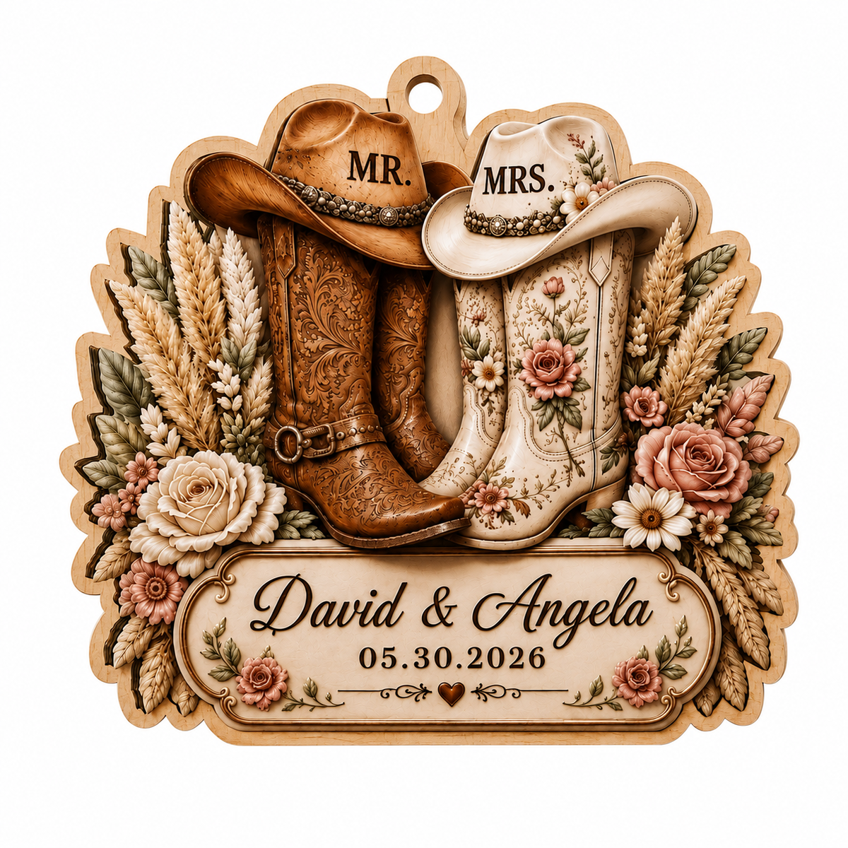 Personalized Western Mr. & Mrs. Cowboy Boots Wooden Ornament