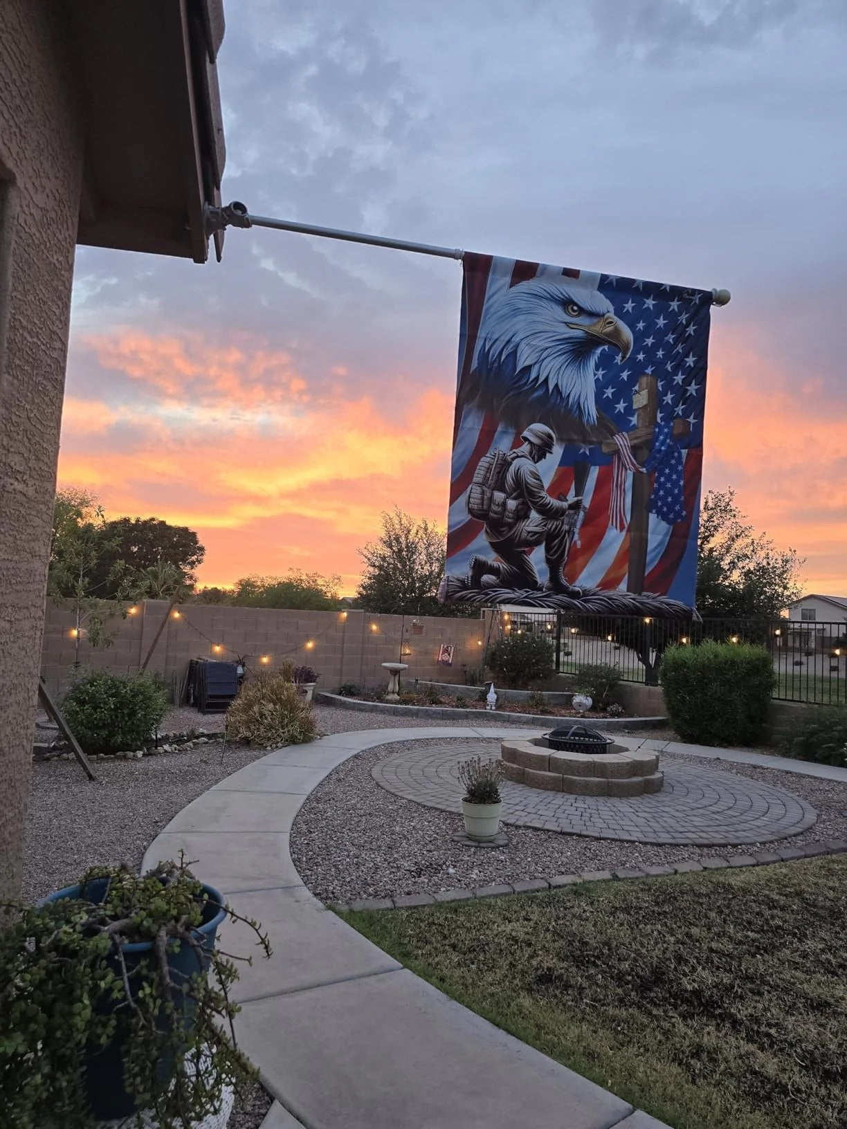 Patriotic Eagle Veteran Kneeling Soldier Christ Cross Memorial Garden Flag, House Flag