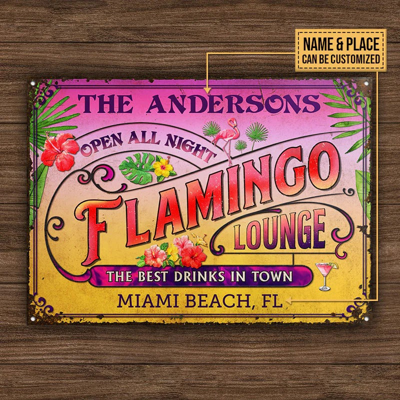 Personalized Flamingo Lounge All Night Custom Classic Metal Signs