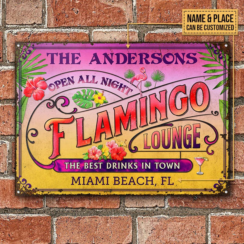 Personalized Flamingo Lounge All Night Custom Classic Metal Signs