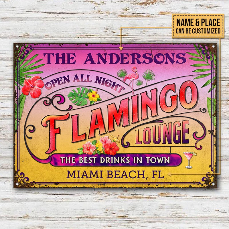 Personalized Flamingo Lounge All Night Custom Classic Metal Signs