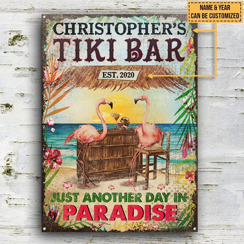 Personalized Flamingo Tiki Bar Just Another Day Customized Classic Metal Sign