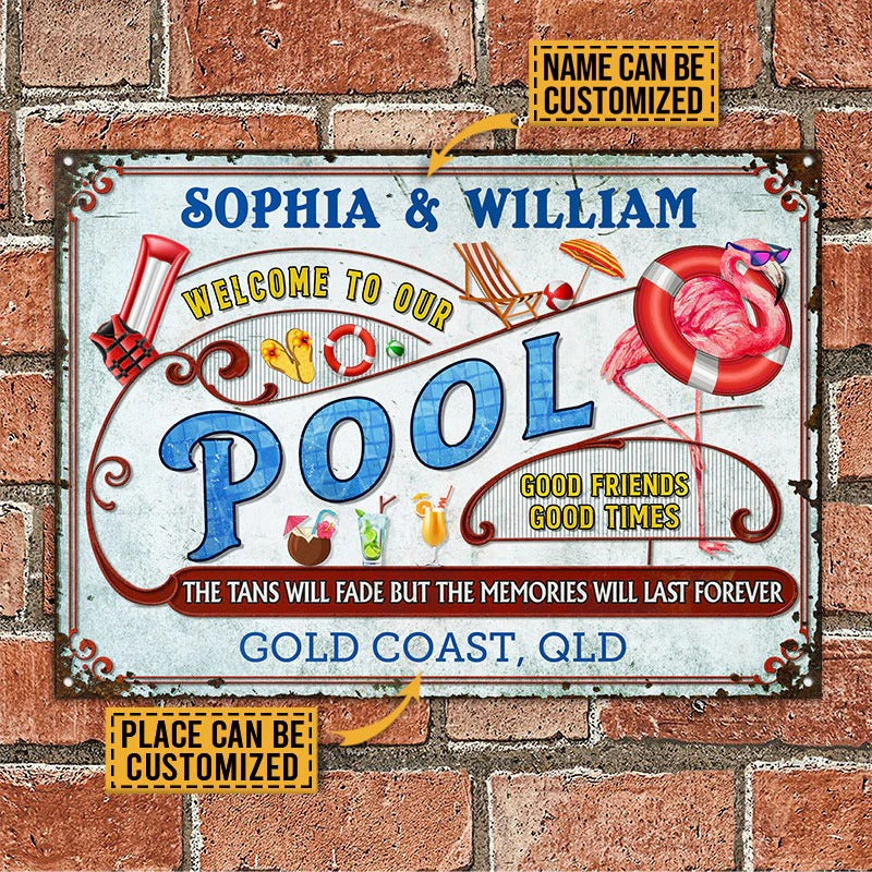 Personalized Flamingo Pool Memories Last Forever Metal Signs