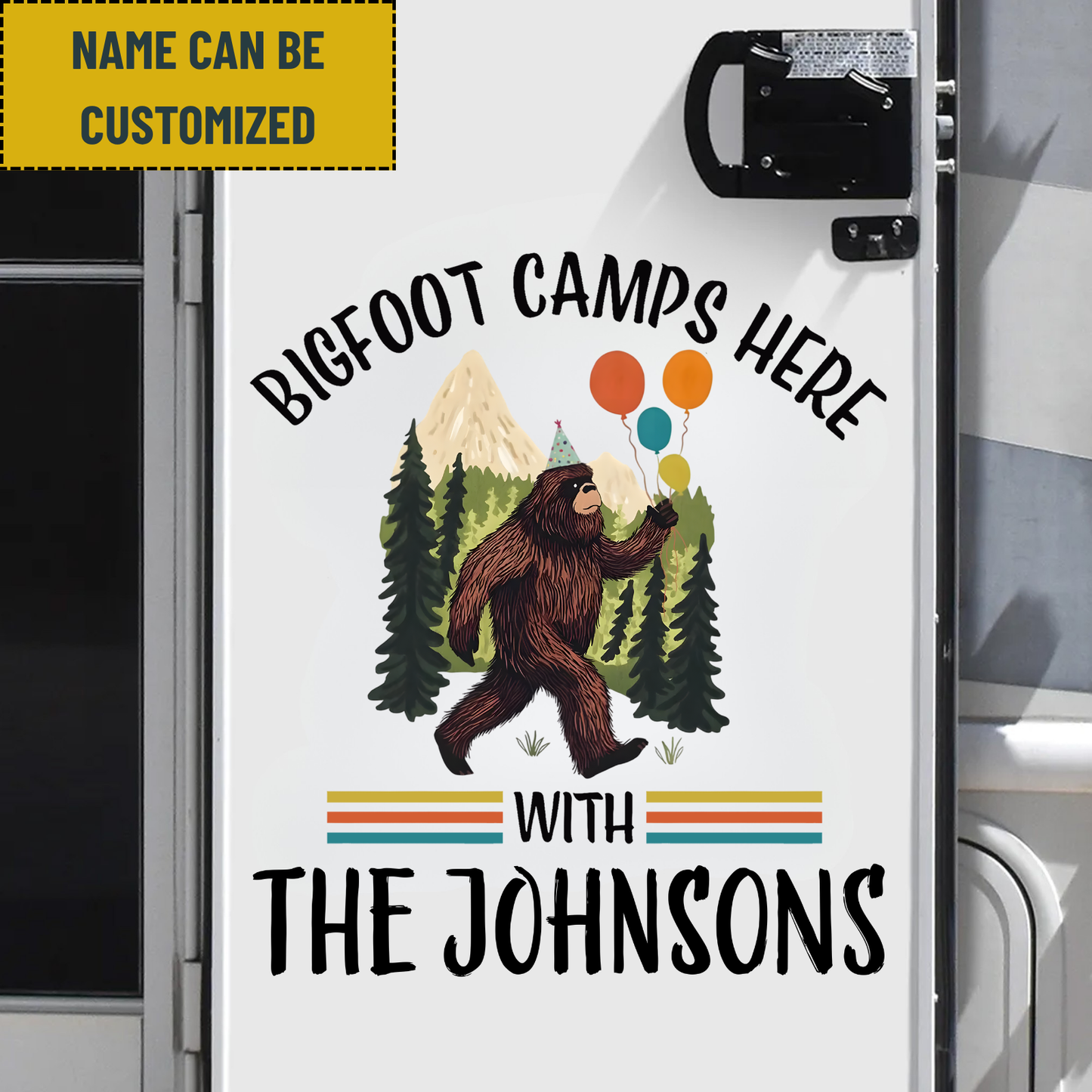 Vintage Bigfoot Camps Here Happy Birthday - Personalized Family Name Bigfoot Decol Decal