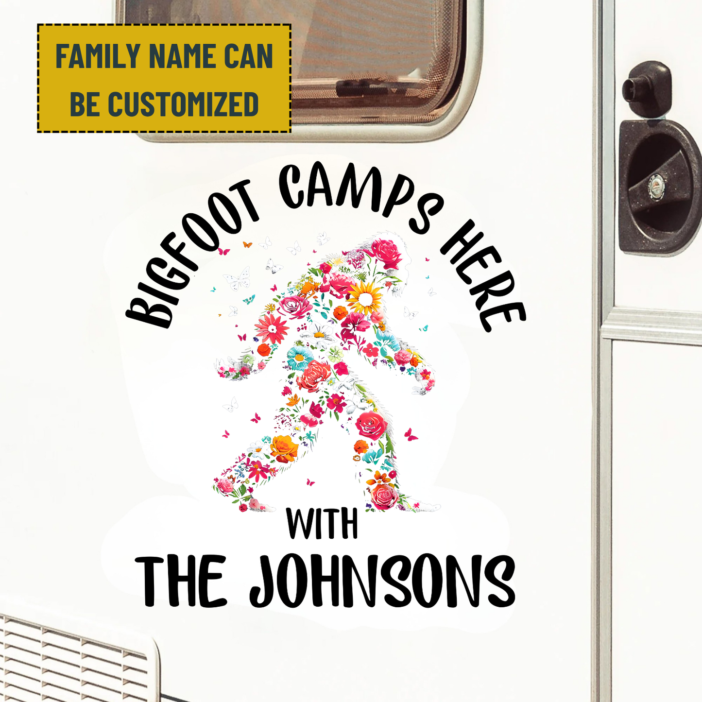 Bigfoot Camping Decal - Personalized Family Name Bigfoot Decal, Camper Decal, RV Decal, Happy Camper