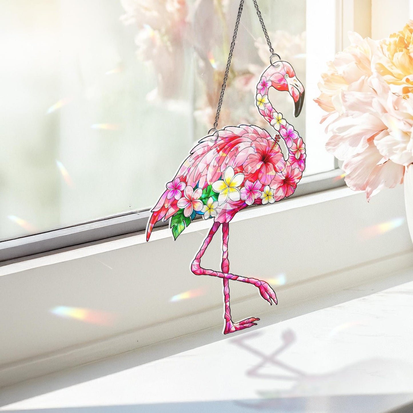Hologram Flamingo Floral Suncatcher Acrylic Window Hanging