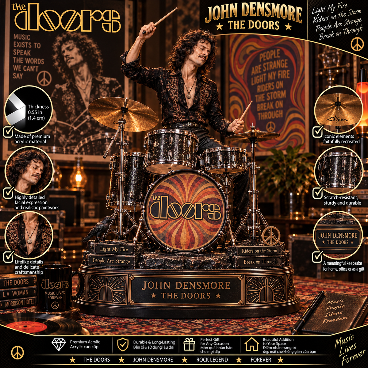 John Densmore The Doors Drummer – Collectible Acrylic Plaque Table Decor