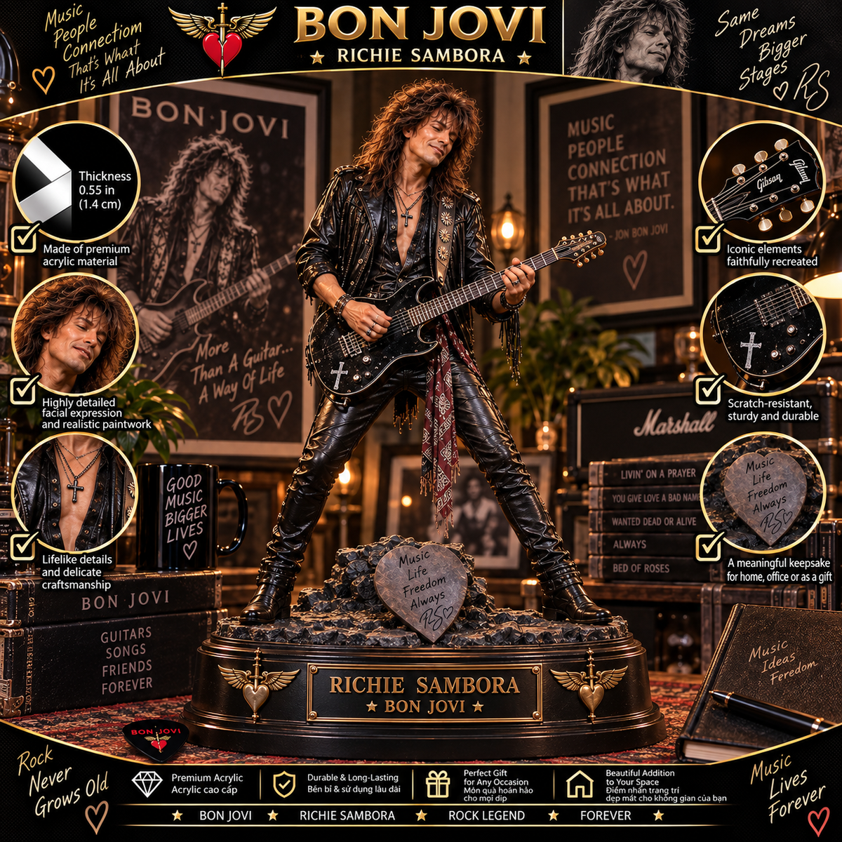 Richie Sambora Guitar Legend – Bon Jovi – Collectible Acrylic Plaque Table Decor