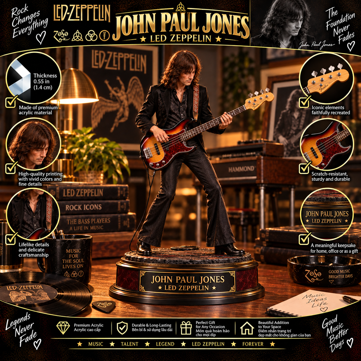 John Paul Jones Led Zeppelin – Collectible Acrylic Plaque Table Decor