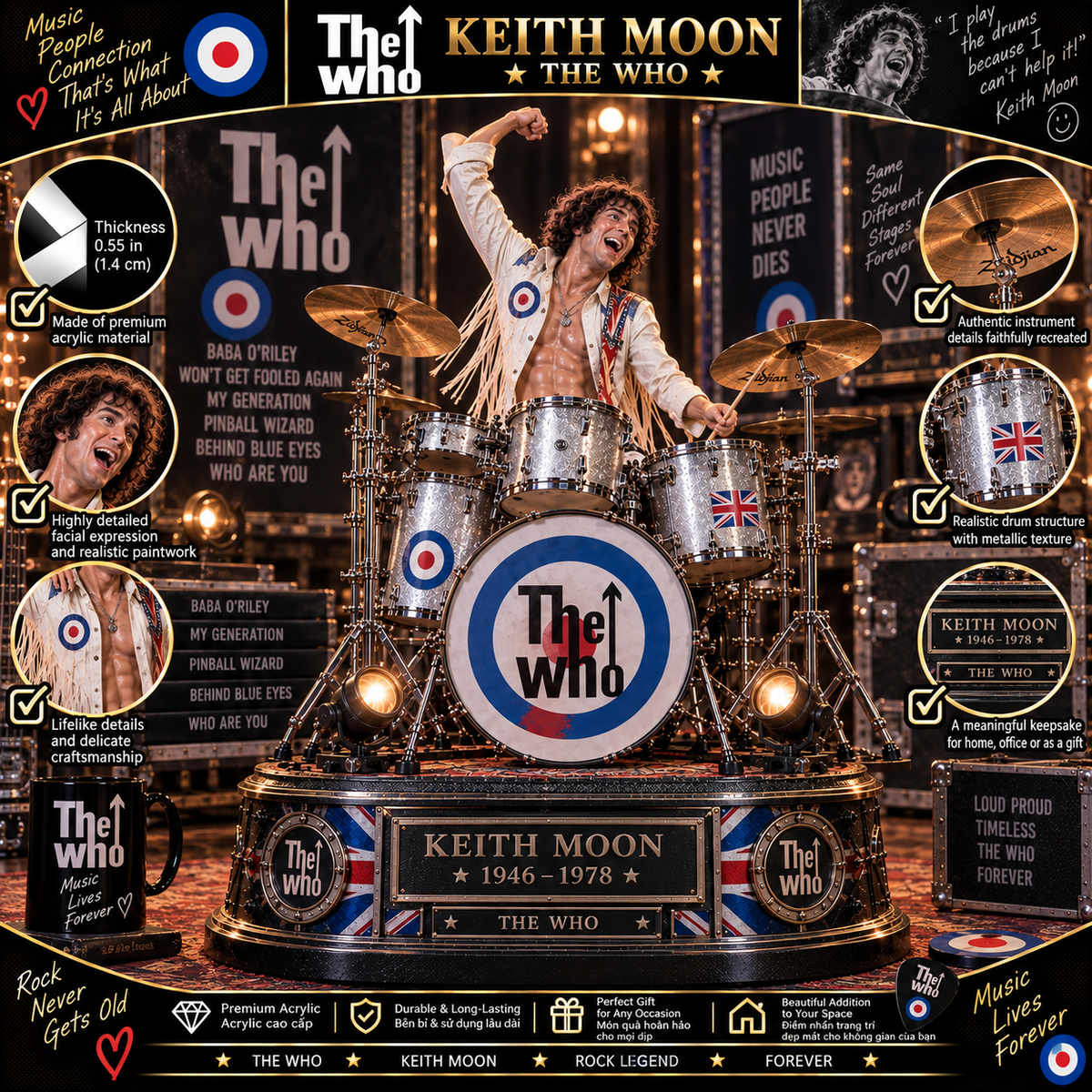 Keith Moon Drummer Legend – The Who – Collectible Acrylic Plaque Table Decor