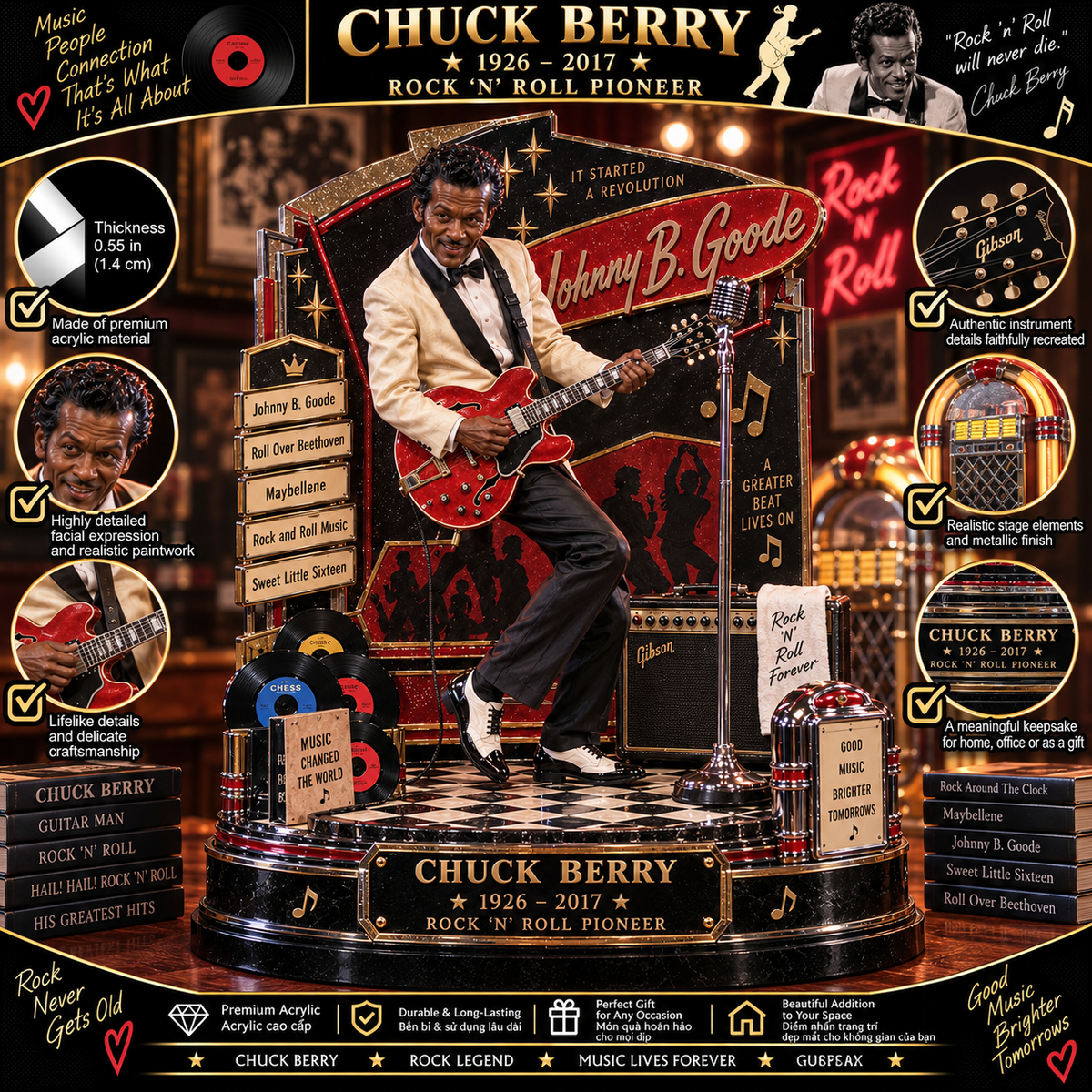 Chuck Berry Johnny B. Goode – Rock ’N’ Roll Pioneer – Collectible Acrylic Plaque Table Decor