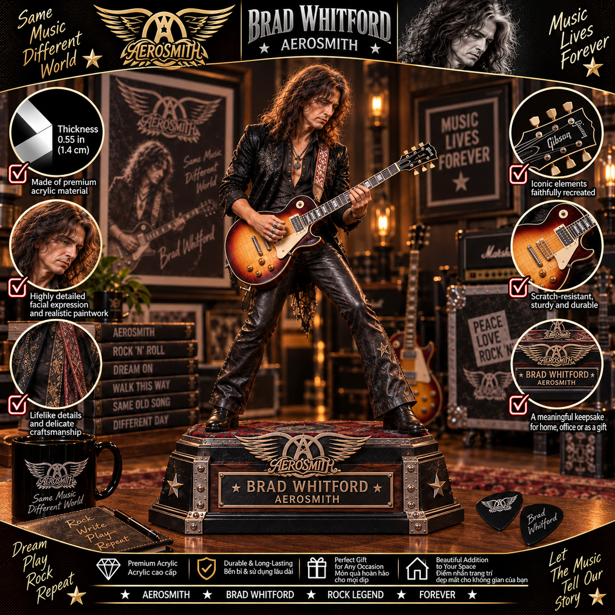 Brad Whitford Aerosmith Guitarist – Collectible Acrylic Plaque Table Decor