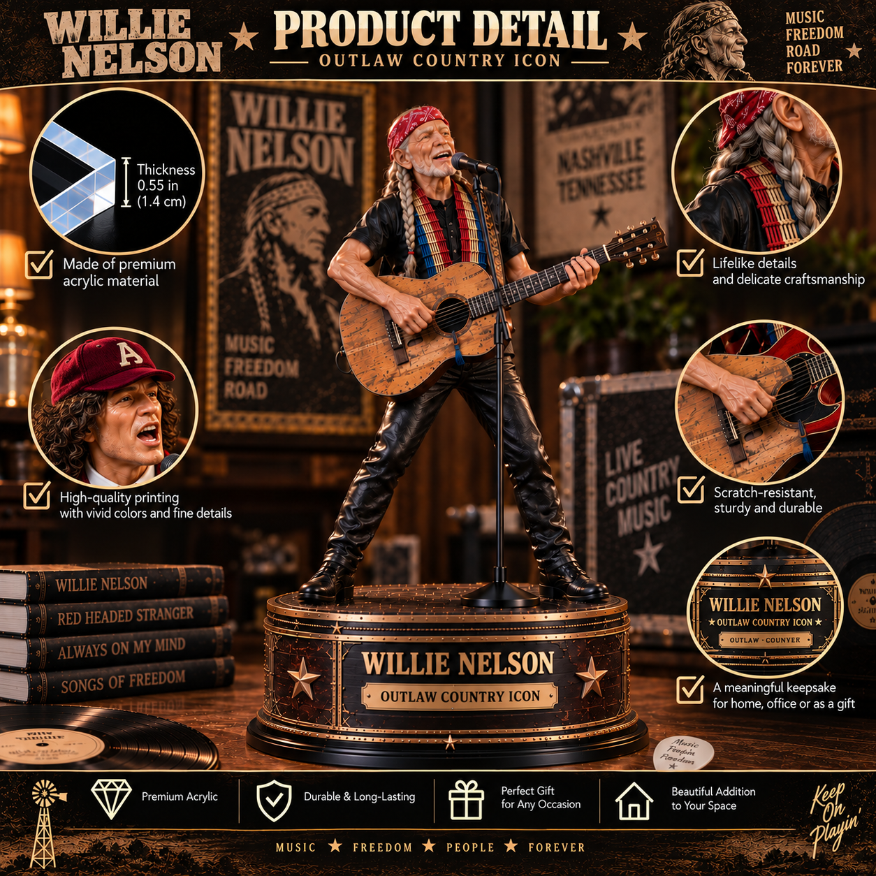 Willie Nelson Outlaw Country Icon – Collectible Acrylic Plaque Table Decor