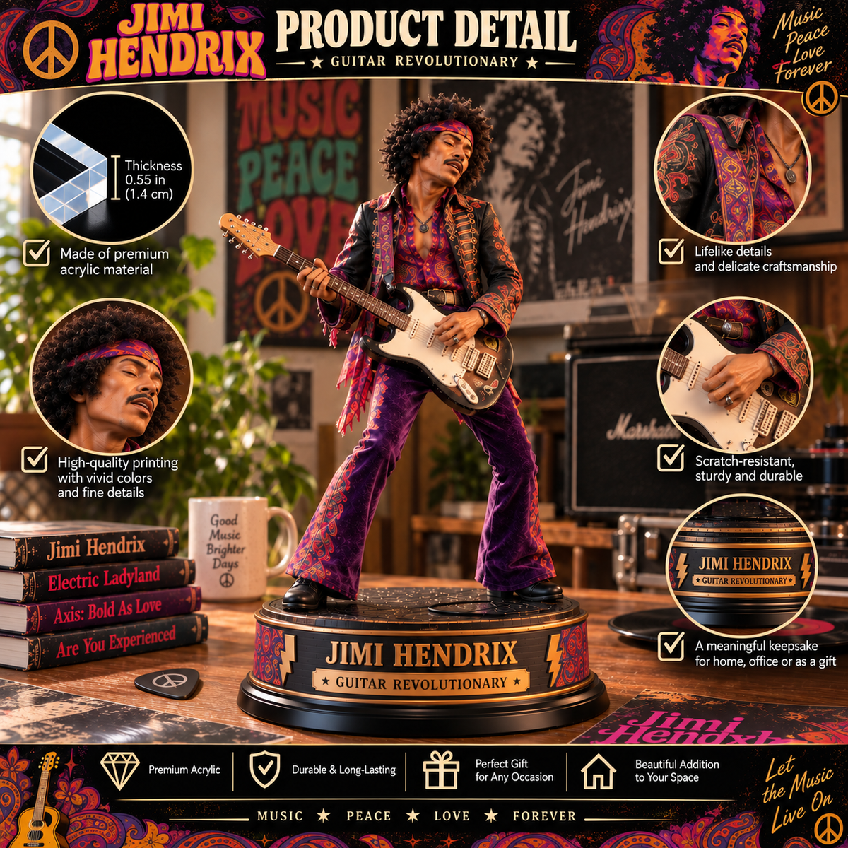 Jimi Hendrix Guitar Revolutionary – Collectible Acrylic Plaque Table Decor