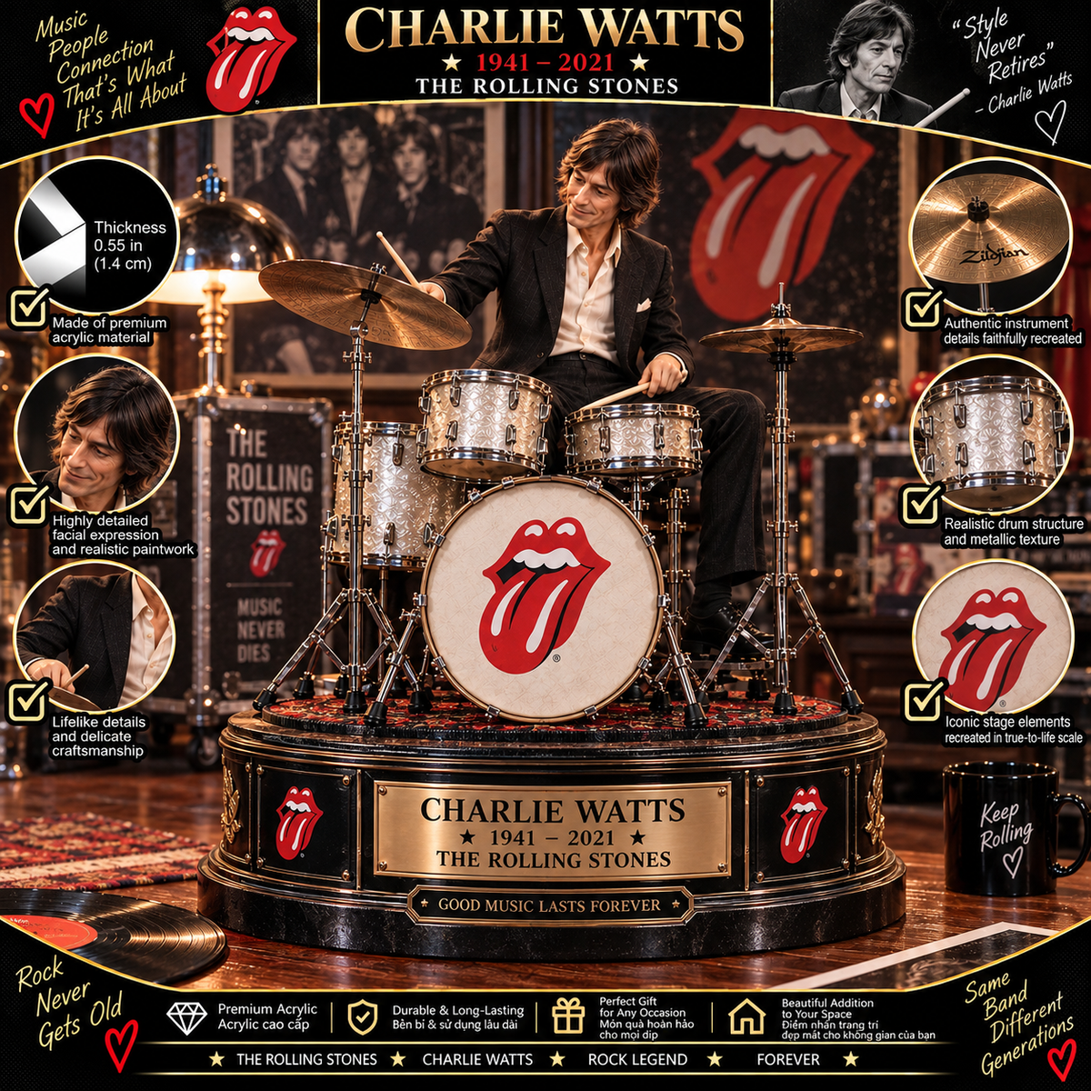 Charlie Watts The Rolling Stones – Collectible Acrylic Plaque Table Decor