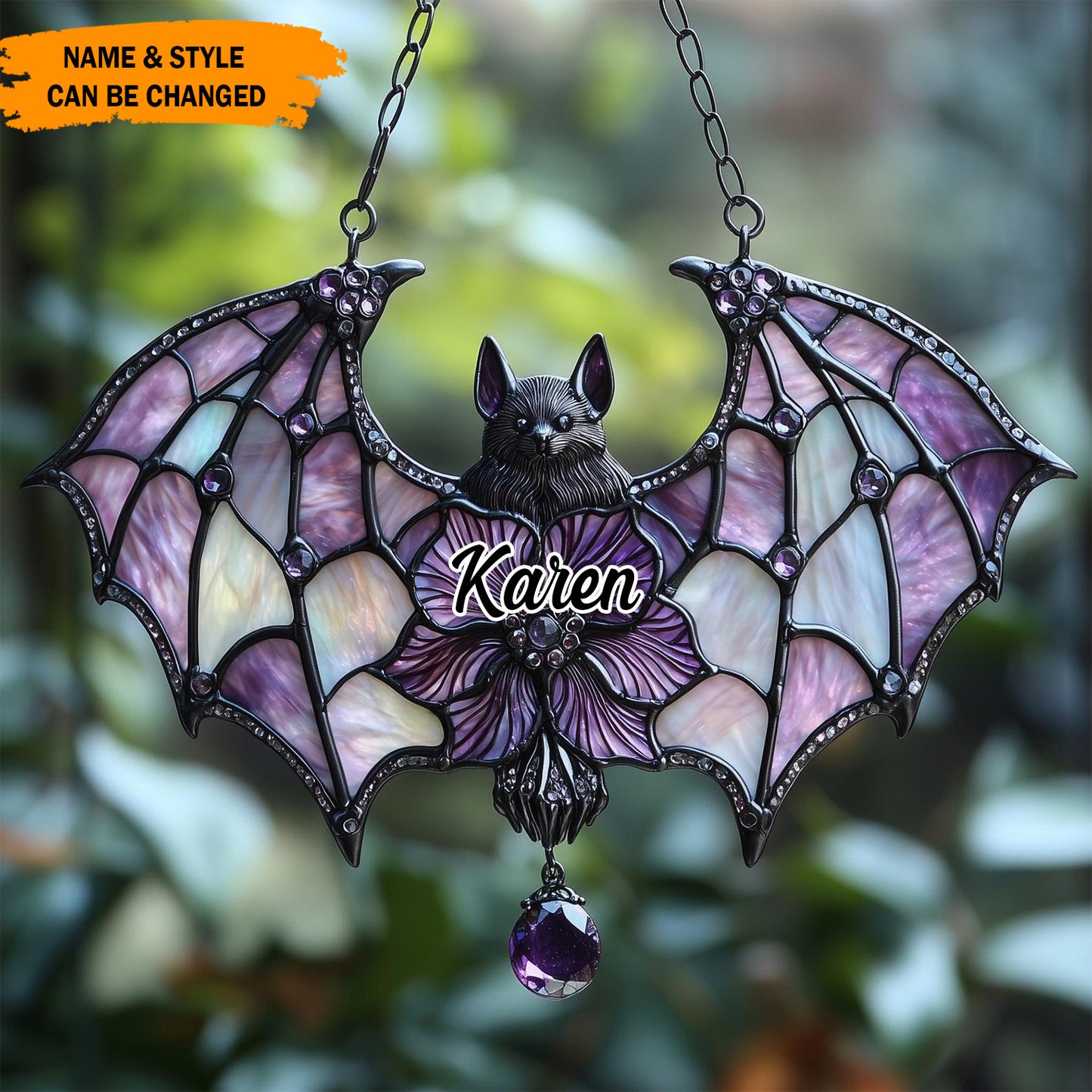 Personalized Gothic Bat Stained-Glass Suncatcher