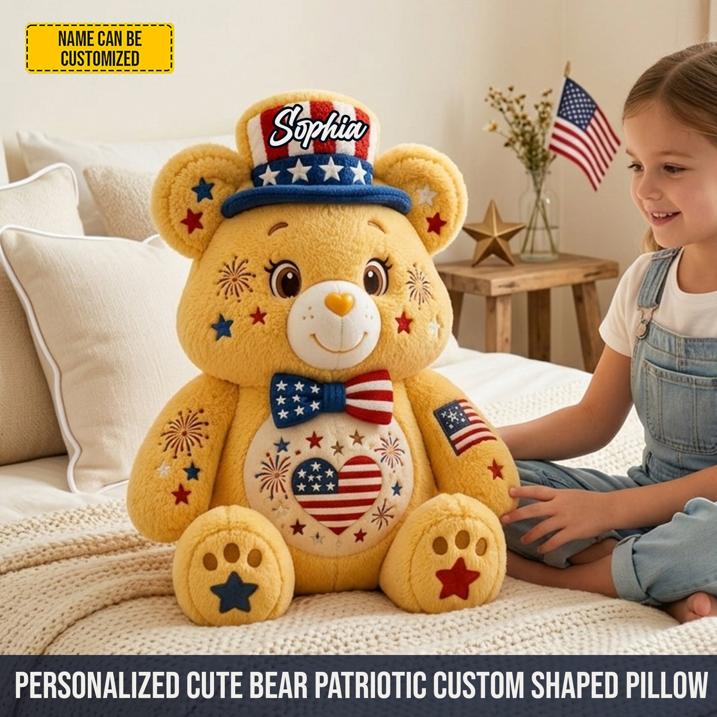 Personalized Cute Bear Patriotic Custom Shaped Pillow