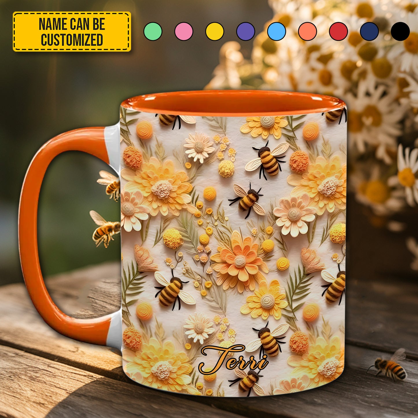 Personalized Honey Bee With Flowers Accent Mug
