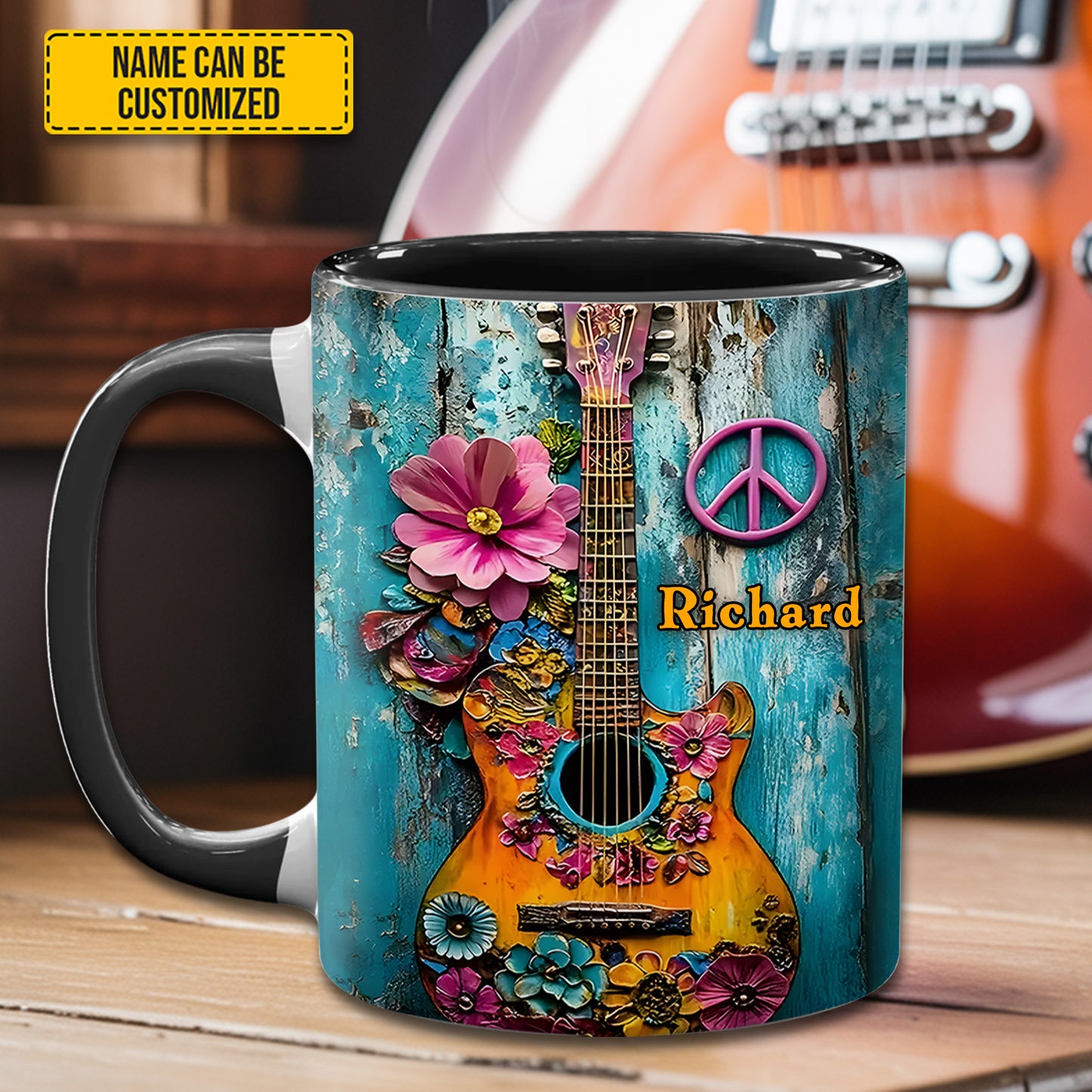 Guitar Flower Hippie - Personalized Guitar Accent Mug