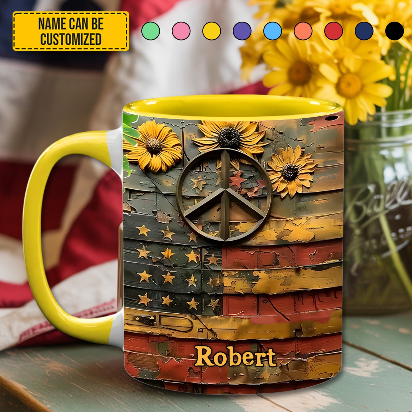 Sunflower USA Flag - Personalized Accent Mug