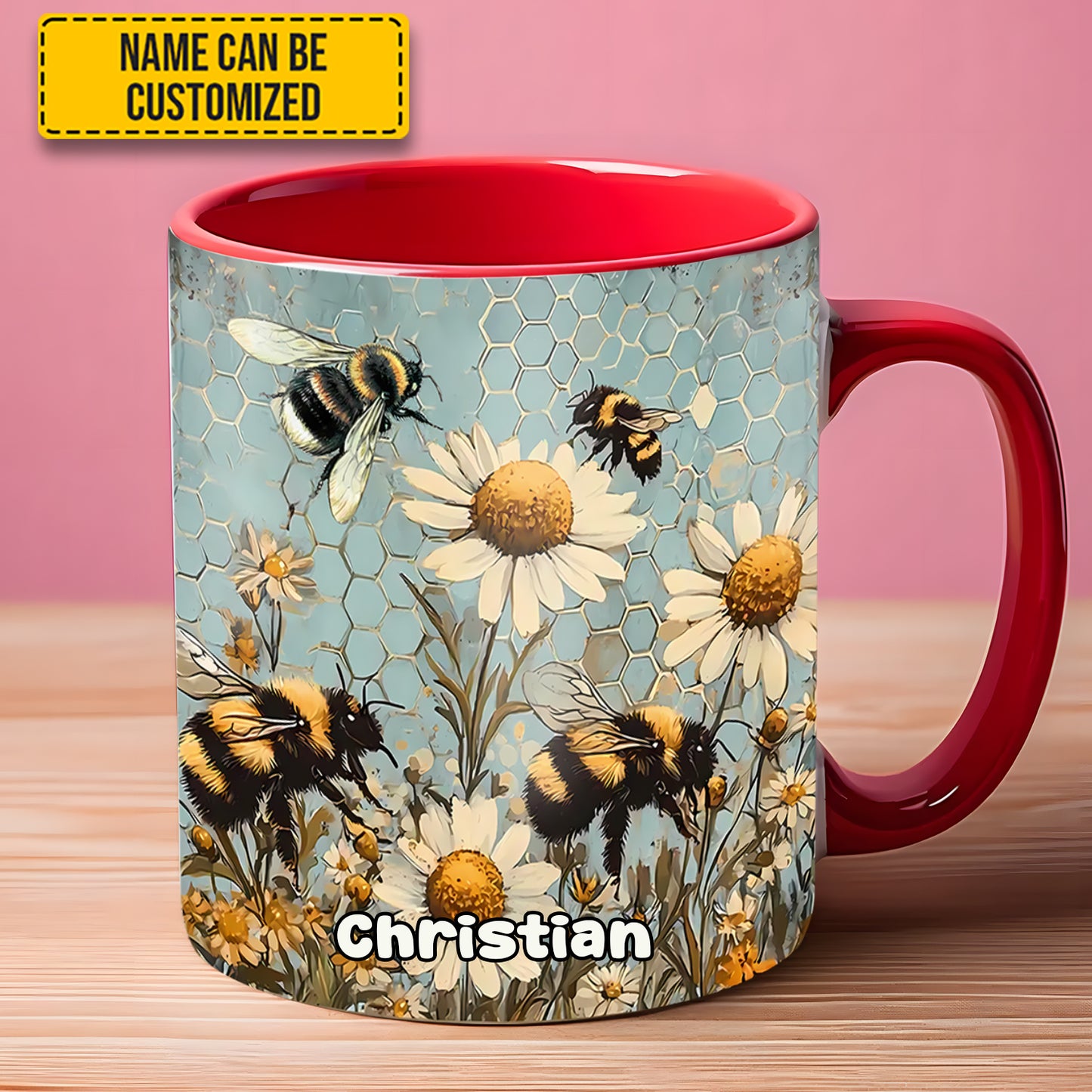 Vintage Garden Bee Floral Daisy - Personalized Bee Accent Mug