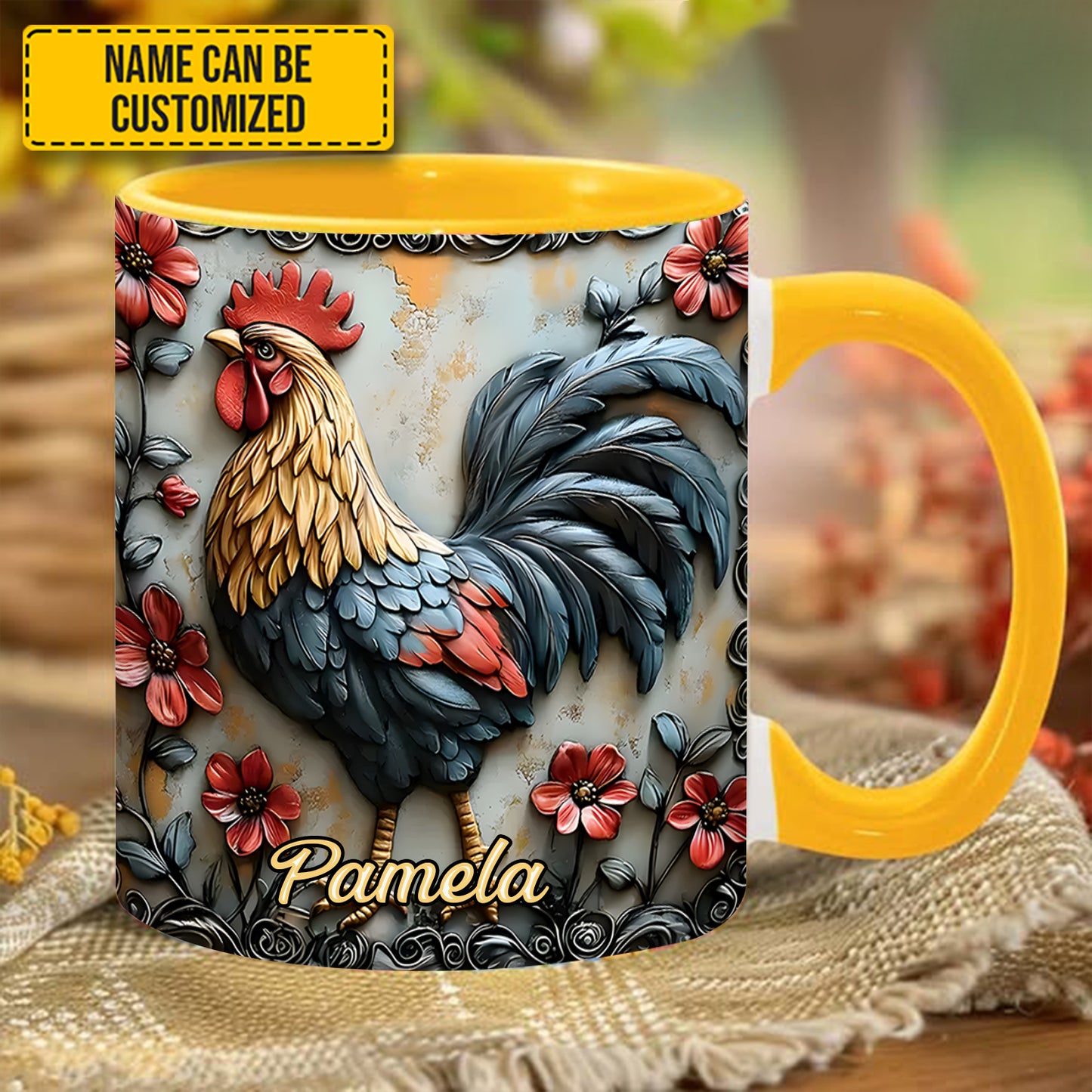 Rooster and Vibrant Flowers - Personalized Chicken Accent Mug