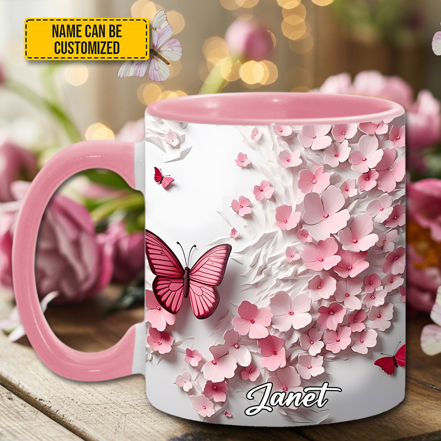 Pink Butterfly With Flowers - Personalized Butterfly Accent Mug