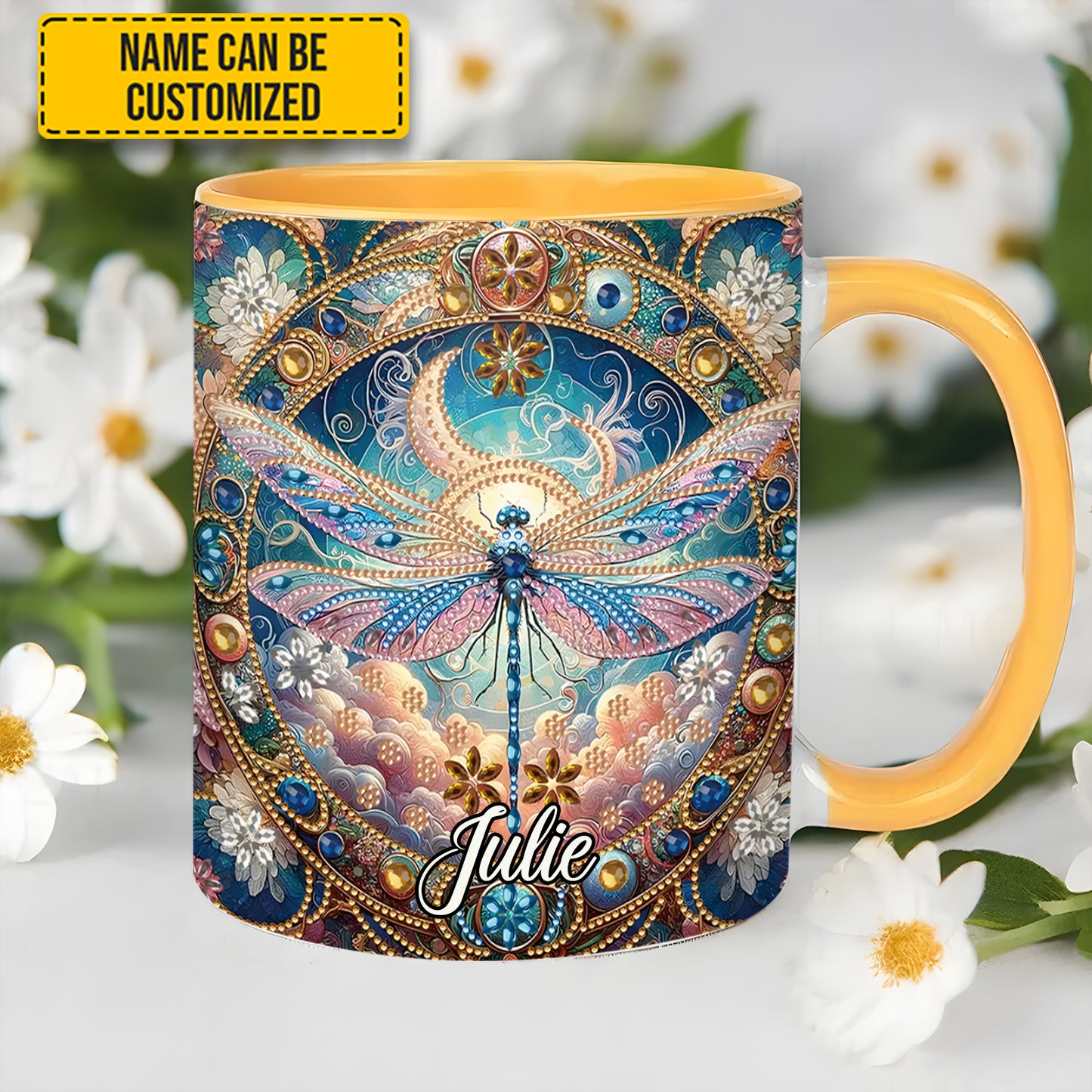 Dragonfly & Flowers - Personalized Dragonfly Accent Mug