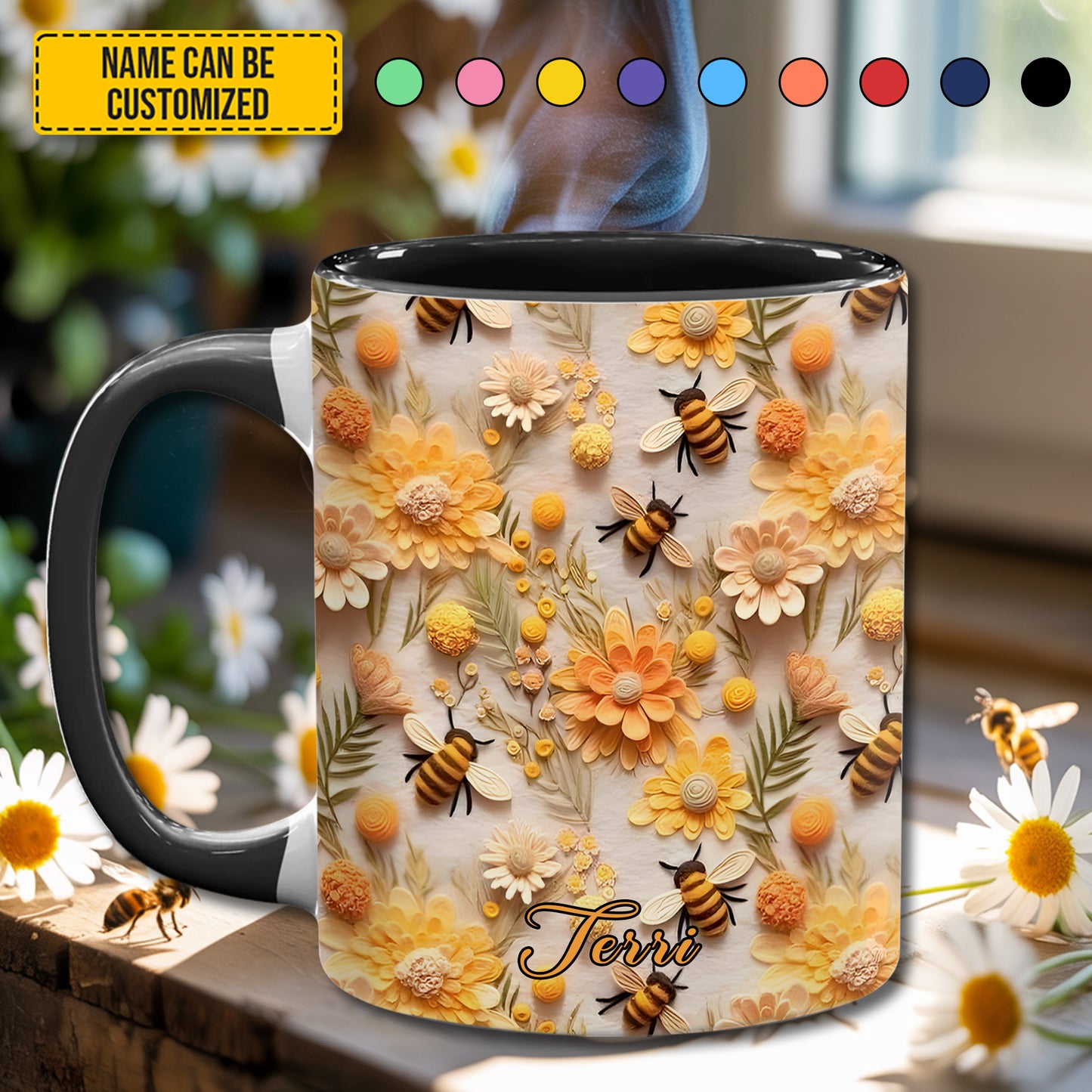 Personalized Honey Bee With Flowers Accent Mug