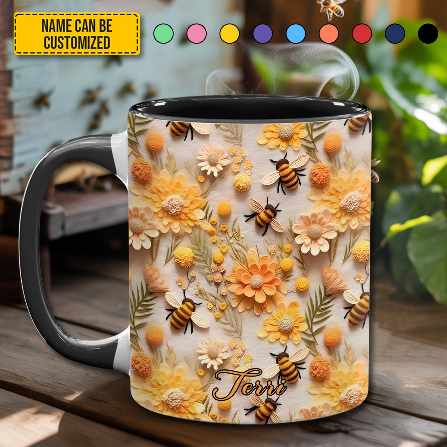 Personalized Honey Bee With Flowers Accent Mug