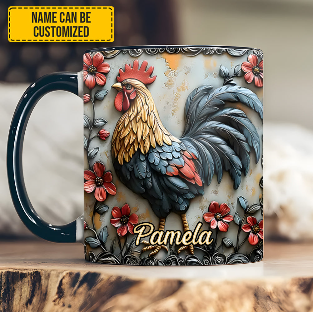 Rooster and Vibrant Flowers - Personalized Chicken Accent Mug