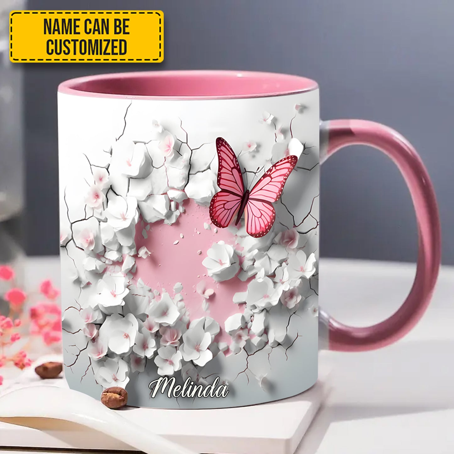 Butterfly With Flowers In Wrap Hole - Personalized Butterfly Accent Mug