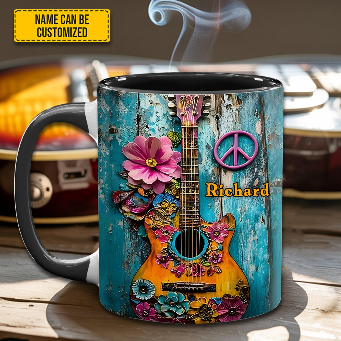 Guitar Flower Hippie - Personalized Guitar Accent Mug