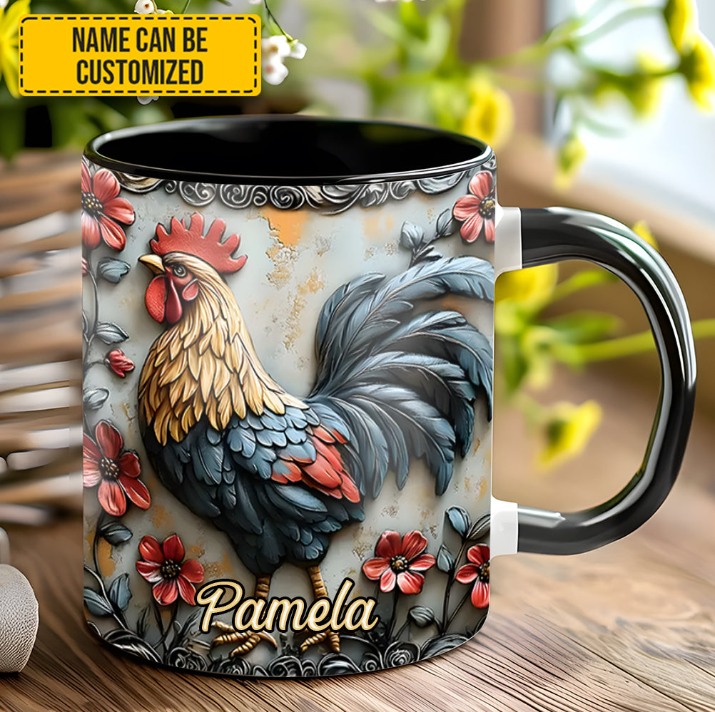 Rooster and Vibrant Flowers - Personalized Chicken Accent Mug