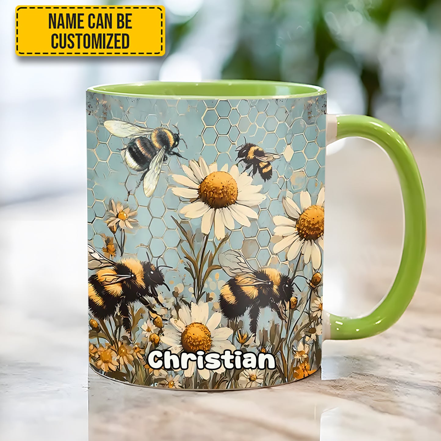 Vintage Garden Bee Floral Daisy - Personalized Bee Accent Mug